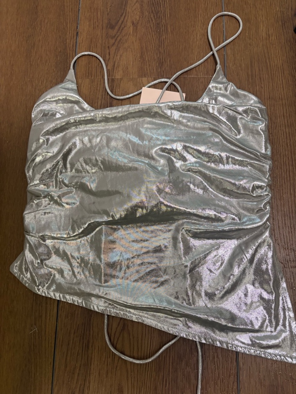 NWT superdown Lexie Metallic Halter Top Silver Medium Ruched Lace Back - Picture 6 of 7